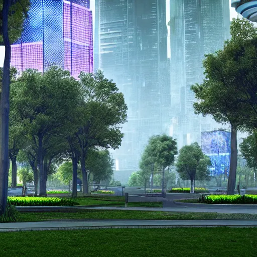 Image similar to modern green area park, cyberpunk, 4k cinema effect,