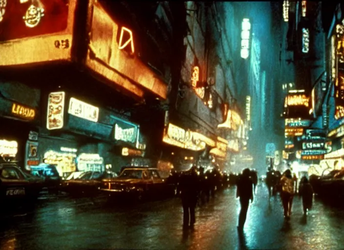 Prompt: street scene from the 1982 science fiction film Blade Runner
