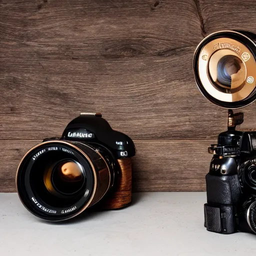 Image similar to a steampunk dslr camera on a wooden table, studio light, edge lit, detailed, product photography