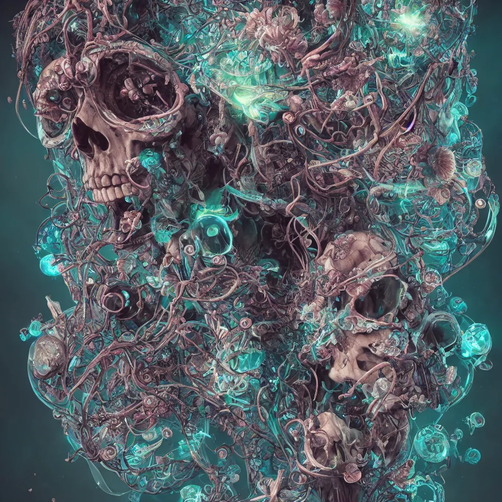 Image similar to close-up portrait goddess skull, thorax, x-ray, backbone, jellyfish phoenix head, nautilus, orchid, skull, betta fish, bioluminiscent creatures, intricate artwork by Tooth Wu and wlop and beeple. octane render, trending on artstation, greg rutkowski very coherent symmetrical artwork. cinematic, Triadic color scheme, hyper realism, high detail, black and white, octane render, 8k