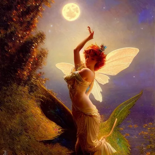 Image similar to attractive fairy magically floating high in the night, fantasy, full moon in background. highly detailed painting by gaston bussiere, craig mullins, j. c. leyendecker, mid shot, 8 k