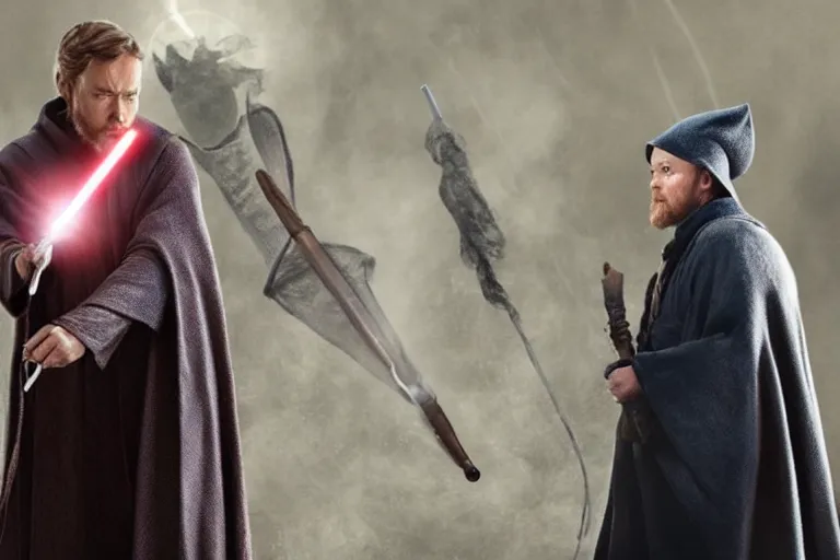 Prompt: film still, obi wan kenobi in a pointy hat casting lumos with a wand in the new harry potter movie,