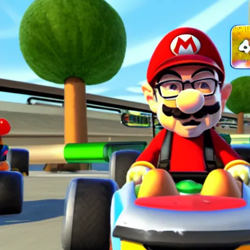 Prompt: Walter White in Mario Kart, game screenshot