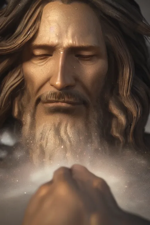 Image similar to portrait of jesus doing a facepalm, dim volumetric lighting, 8k octane beautifully detailed render, post-processing, extremely hyperdetailed, intricate, epic composition, grim yet sparkling atmosphere, cinematic lighting masterpiece, trending on artstation