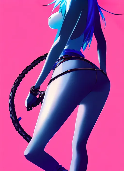 Image similar to hyper realistic photograph portrait of pretty girl with blue hair, wearing a full leather outfit, holding a whip, dramatic lighting by makoto shinkai, ilya kuvshinov, lois van baarle, rossdraws, basquiat