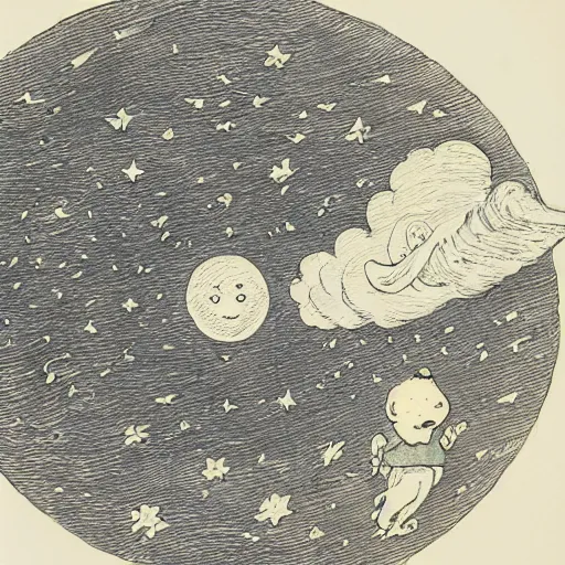 Prompt: night sky, stars, anthropomorphic talking moon with happy eyes prominently in the center, surrounded by clouds, landscape, illustrated by peggy fortnum and beatrix potter and sir john tenniel