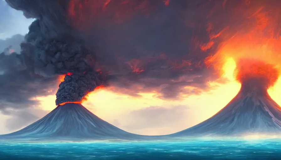 Prompt: Digital painting of a tropical island with an erupting volcano spewing a big black smoke, wide view, volumetric light, hyperdetailed, artstation, cgsociety, 8k