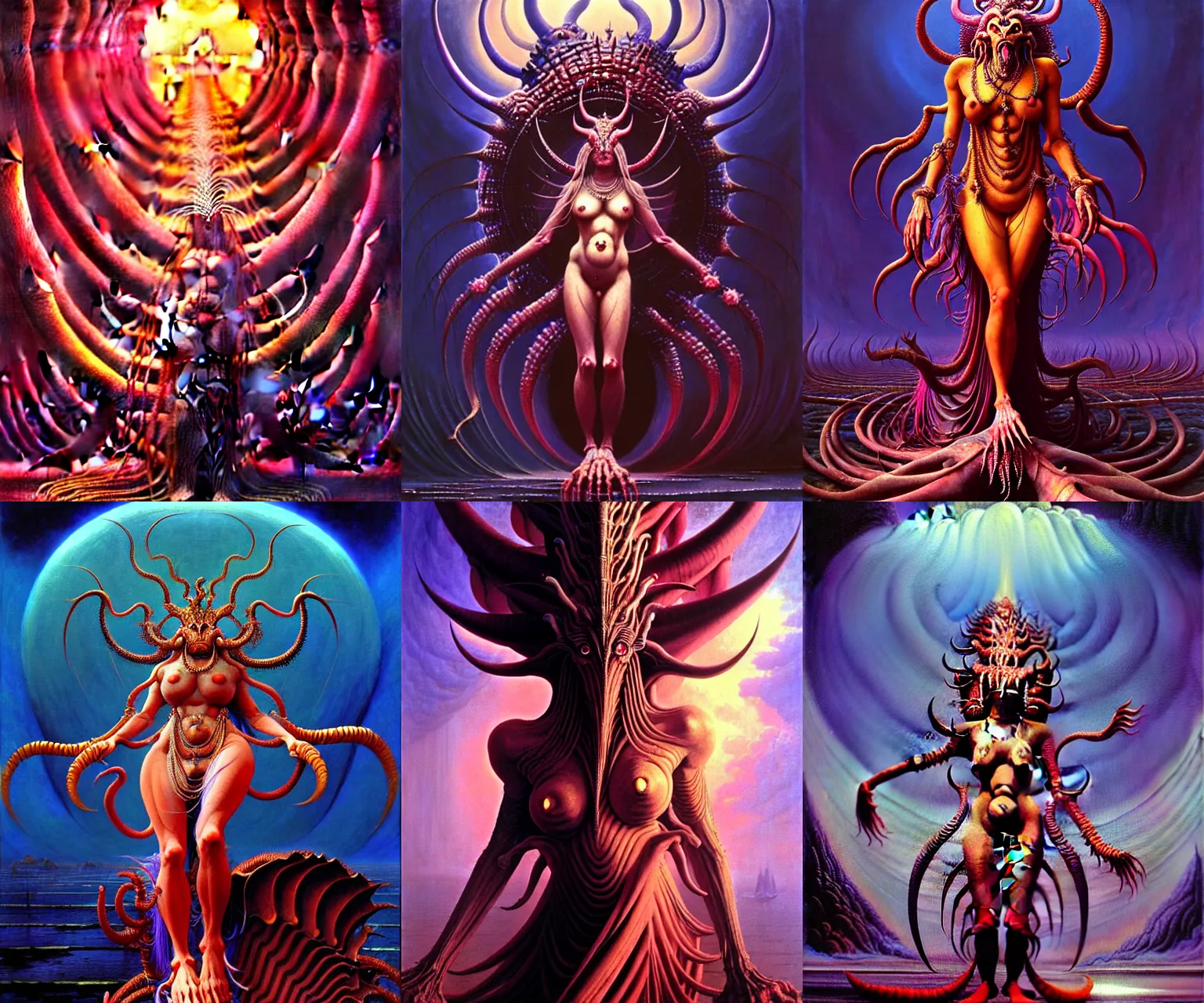 Prompt: A cinematic full-length portrait of the colossal Hindu demon princess, by Wayne Barlowe, by Sandro Botticelli, by Paul Lehr, by Bruce Pennington, by HR Giger, oil on canvas, masterpiece, trending on artstation, featured on pixiv, cinematic composition, dramatic pose, beautiful lighting, sharp, details, details, hyper-detailed, no frames, cyan and green, 8K