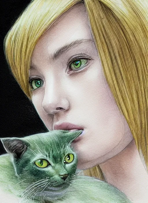 Prompt: blonde woman with green eyes kisses her cat with green eyes on her nose, watercolor, dramatic lighting, cinematic, establishing shot, extremly high detail, foto realistic, cinematic lighting, pen and ink, intricate line drawings, by Yoshitaka Amano, Ruan Jia, Kentaro Miura, Artgerm, post processed, concept art, artstation, matte painting, style by eddie mendoza, raphael lacoste, alex ross