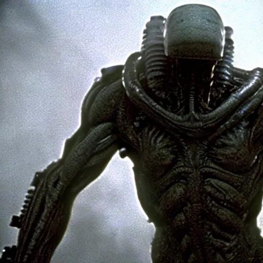 Image similar to tall muscular soldier with rock - like skin texture, still from the movie aliens, fog, dramatic lighting