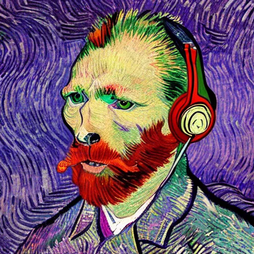 Image similar to retarded wolf portrait, van gogh style, pink headphones