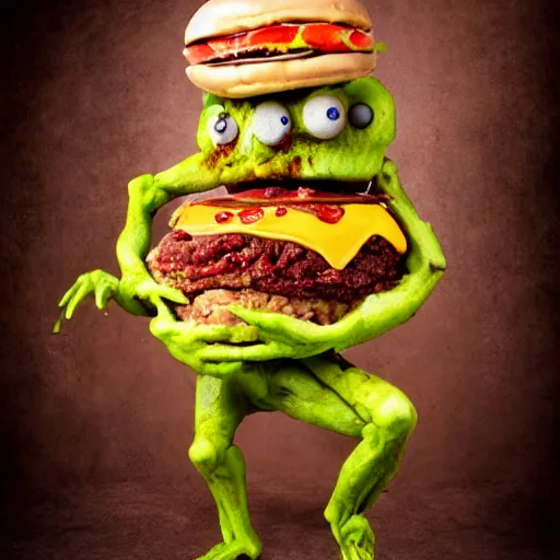 Image similar to a humanoid bipedal upright zombie that strongly resembles a hamburger, professional food photography