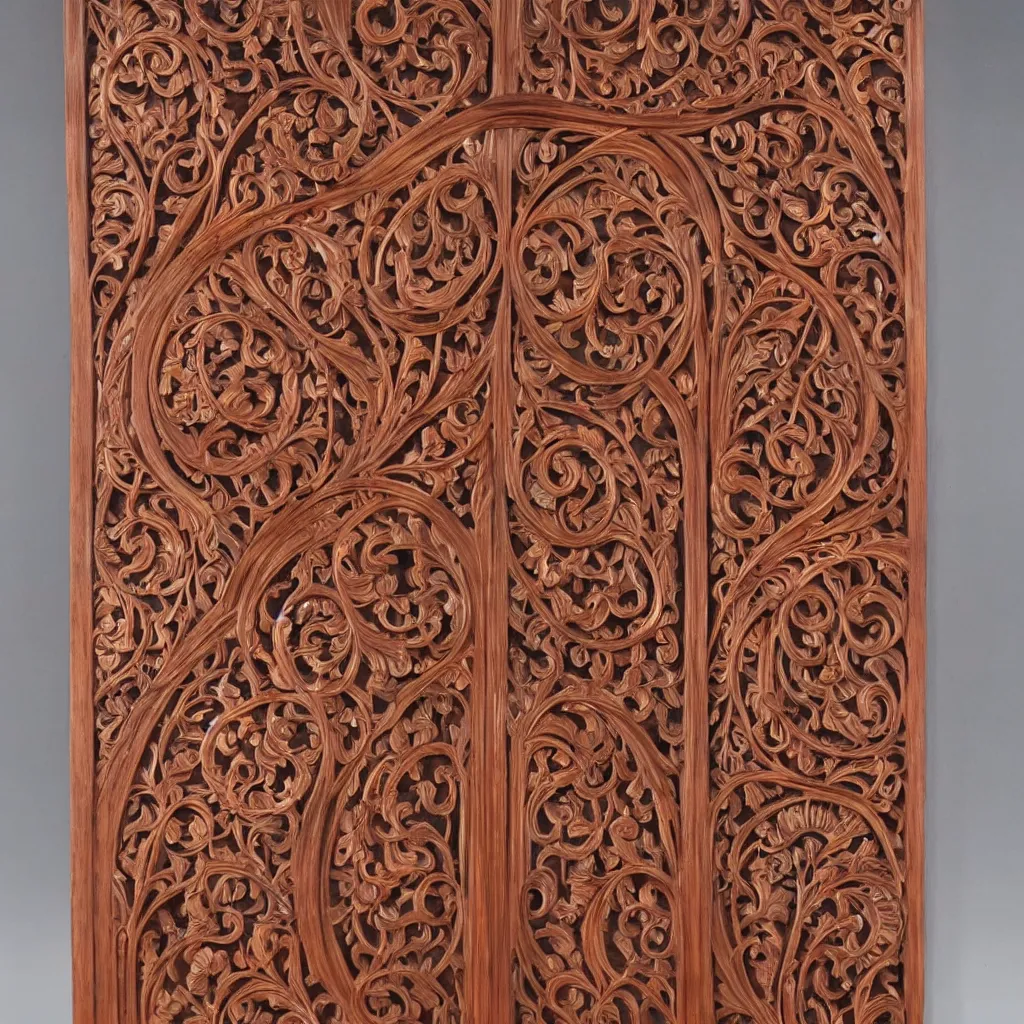 Image similar to a 3 d wooden mahogany art nouveau carved sculpture of a delicate multi - layer tracery pattern, intricate and highly detailed, well - lit, ornate, realistic, polished with visible wood grain