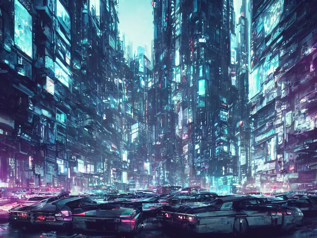 Prompt: a group of cars parked in a parking lot next to tall buildings, cyberpunk art by liam wong, cgsociety, retrofuturism, futuristic, cityscape, dystopian art