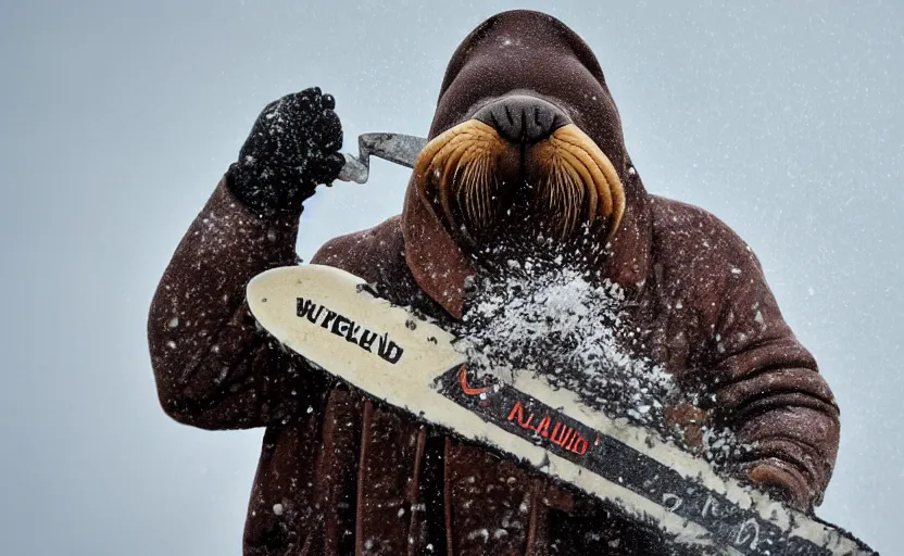 Image similar to walrus holding a chainsaw, extremely detailed, high quality, 8 k, nature photography,