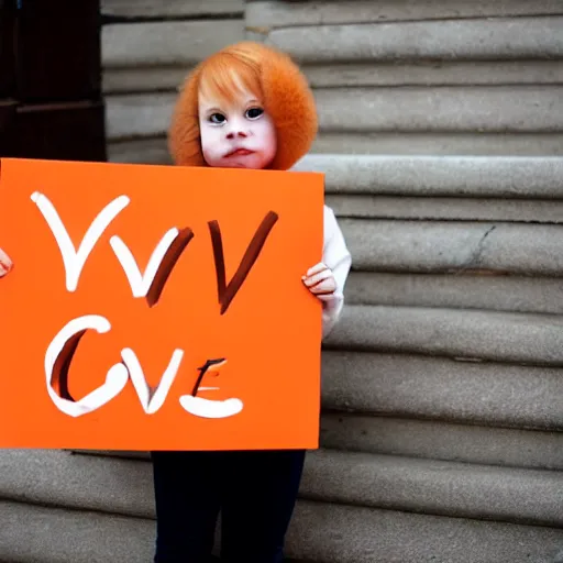 Image similar to orange tabby cat holds sign that says