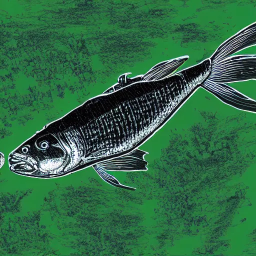 Prompt: black and green satellite IR Lidar scan of a fish