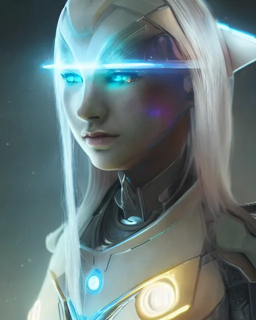 Image similar to perfect android girl on a mothership, warframe armor, beautiful face, scifi, futuristic, galaxy, nebula, raytracing, dreamy, long white hair, blue cyborg eyes, sharp focus, cinematic lighting, highly detailed, artstation, divine, by gauthier leblanc, kazuya takahashi, huifeng huang