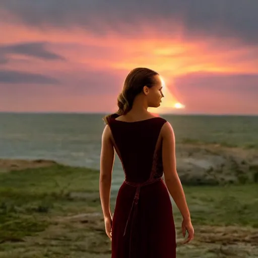 Image similar to alicia vikander. facing away from us. watches sunset. perfect anatomy. meticulous detail