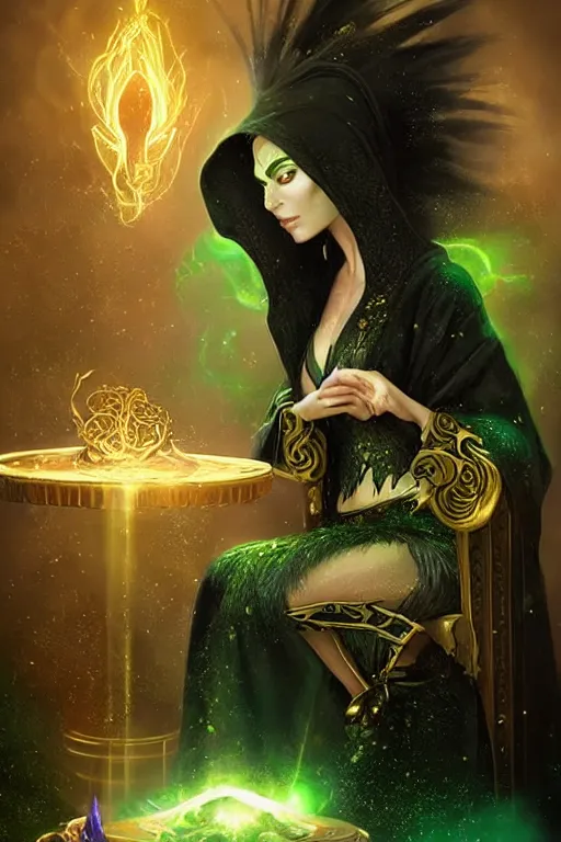 Prompt: a sorceress wearing a black robe with gold embroidery, sitting at table, casting a spell, green glows, painted by artgerm and tom bagshaw, in the style of magic the gathering, highly detailed digital art