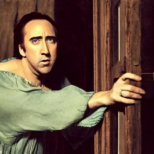 Image similar to nicholas cage as juliet in the window looking down at nicholas cage as romeo, beautiful cature of the stageplay nicholas and nicholas by shakespeare