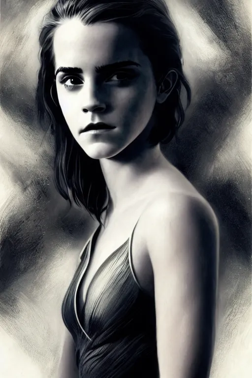 Image similar to emma watson closeup portrait futuristic fractal fightsuit gaston bussiere craig mullins j. c. leyendecker short wet hair richard avedon peter lindbergh monochrome studio lighting