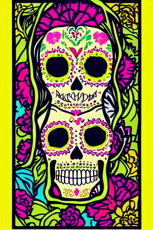 Prompt: illustration of a sugar skull day of the dead girl, art by meow wolf