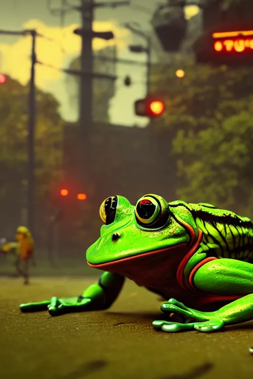 Prompt: frog cyborg, ultra hd, Painting By Simon Stalenhag, unreal 5, DAZ, hyperrealistic, octane render, dynamic lighting, intricate detail, summer vibrancy, cinematic