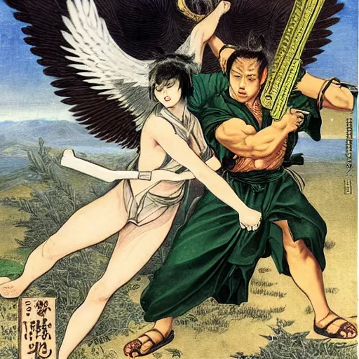 Prompt: an angel and a demon dressed as yakuza, battling for supremacy over earth with katanas and guns, by edward poynter