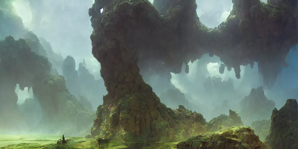 Prompt: bytopia planescape huge cave ceiling clouds made of green earth towns, villages castles, buildings inverted upsidedown mountain artstation surreal dreamlike inception illustration sharp focus sunlit vista painted by ruan jia raymond swanland lawrence alma tadema zdzislaw beksinski norman rockwell tom lovell alex malveda greg staples