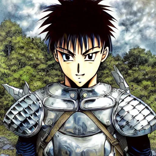 Prompt: anime of young man with facial stubble, brown eyes, full body, reptile armor by akira toriyama, hyper realistic, dark fantasy detailed, high definition insanely detailed, bitter, wide angle lens glow in the dark