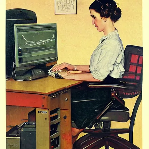 Image similar to A woman using a huge computer with cranks , art by Norman Rockwell