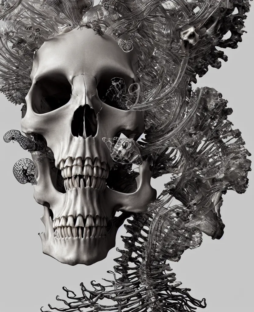 Image similar to goddess close-up portrait human skeleton, ram skull, skeleton, thorax, x-ray, backbone, jellyfish phoenix head, nautilus, orchid, skull, betta fish, bioluminiscent creatures, intricate artwork by Tooth Wu and wlop and beeple. octane render, trending on artstation, greg rutkowski very coherent symmetrical artwork. cinematic, hyper realism, high detail, octane render, 8k