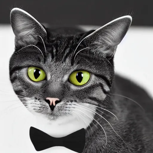 Image similar to A cat wearing a hat and has a miniature bow tie, hyper realistic, HD, HQ, photo realistic