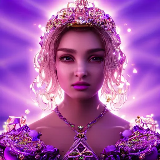 Image similar to portrait princess of amethyst, glowing, ornate and intricate purple jewelry, jaw dropping beauty, glowing background lighting, purple accent lighting, hyper detailed, fairy tale, 4 k octane render