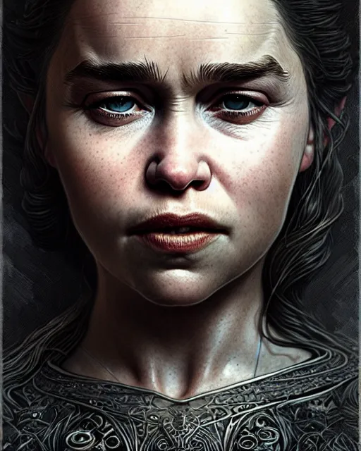 Image similar to emilia clarke, character portrait, portrait, close up, concept art, intricate details, highly detailed by greg rutkowski, michael whelan and gustave dore