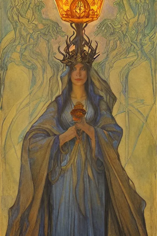 Image similar to queen of the underworld with her lantern, by Annie Swynnerton and Nicholas Roerich and jean delville, dramatic cinematic lighting , ornate headdress , flowing robes, sacred artifacts, lost civilizations, smooth, sharp focus, extremely detailed