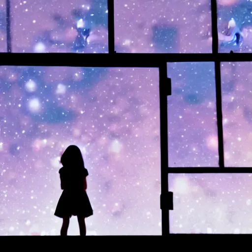 Image similar to a silhouette of a girl looking out a large window at a space scene, lofi aesthetic volumetric lighting, dramatic, realistic, intense