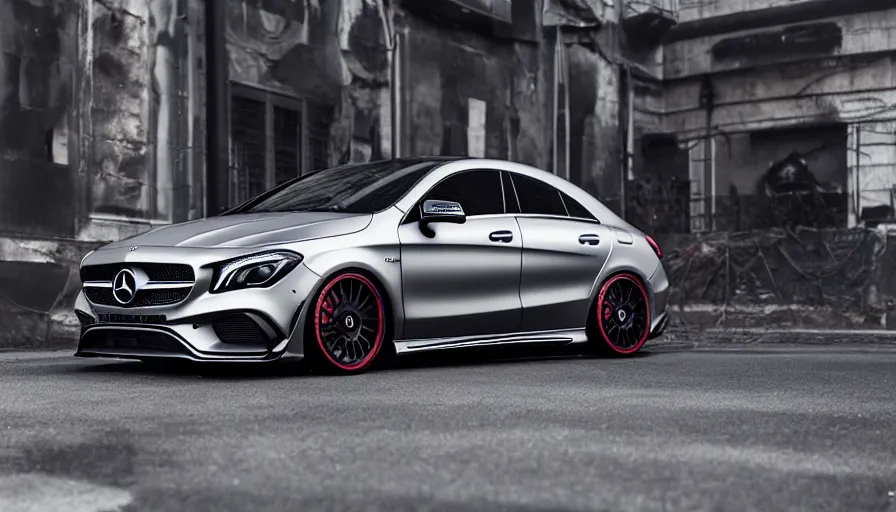 Image similar to a car and driver magazine photo shot, a dark silver 2020 Mercedes cla 45 AMG heavily modified and customized as a performance tune street racing, black rims, samurai vinyl wrap, cinematic lighting, art station, volumetric light, low angle camera, redshift render, octane render, art station