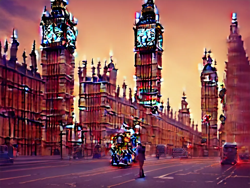 Image similar to a giant ancient beautiful cyborg of the elder gods with pipes and tubes in the city of London, London streets with bigben in the background, colourful, dramatic lighting, golden hour, very detailed octane render very realistic beautiful