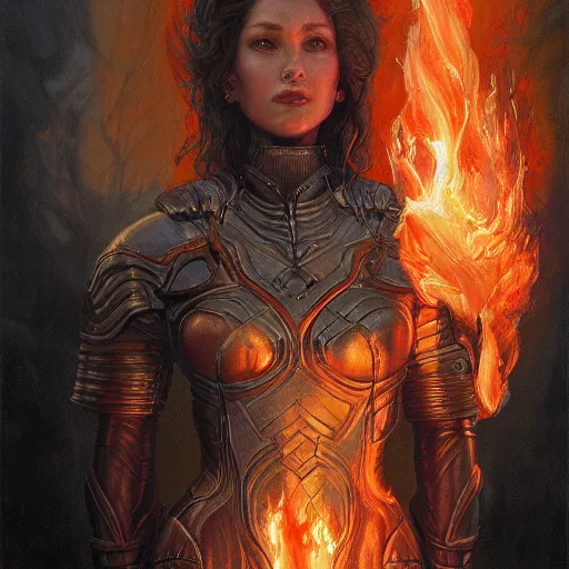 Prompt: the female flame knight, closeup portrait art by donato giancola and greg rutkowski, vintage retro, realistic face, digital art, trending on artstation, symmetry!!