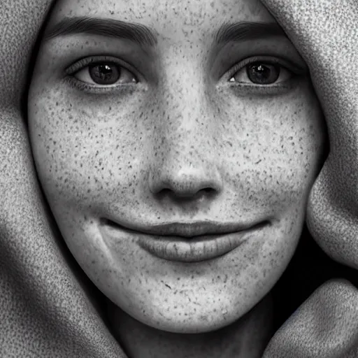 Image similar to portrait of a cute thin young woman, red blush, cute freckles wearing casual clothes, small smile, relaxing on a couch, cozy under a blanket, cozy living room, close up shot, 8 k, art by diego fazio and irakli nadar and ron mueck, hyperrealism, hyperdetailed, ultra realistic