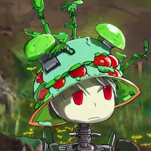 Image similar to cute robot made of plants wearing tomato hat and a chive sword, made in abyss style