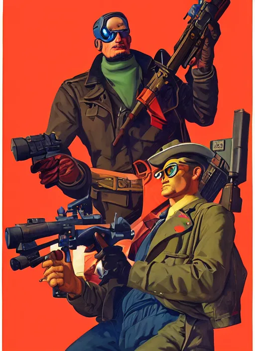 Image similar to american propaganda poster. cyberpunk mercenary. portrait by jean giraud and anton otto fischer and john philip falter and will eisner and gil elvgren. realistic proportions. tf 2, overwatch.