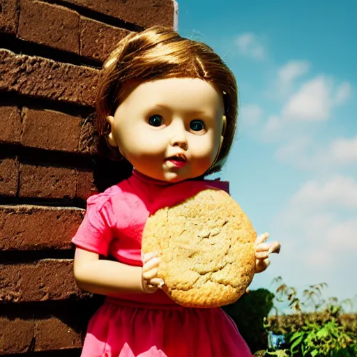 Image similar to plastic doll with giant realistic hands eating a cookie sitting on brick wall, garden background, sky, photo, hd