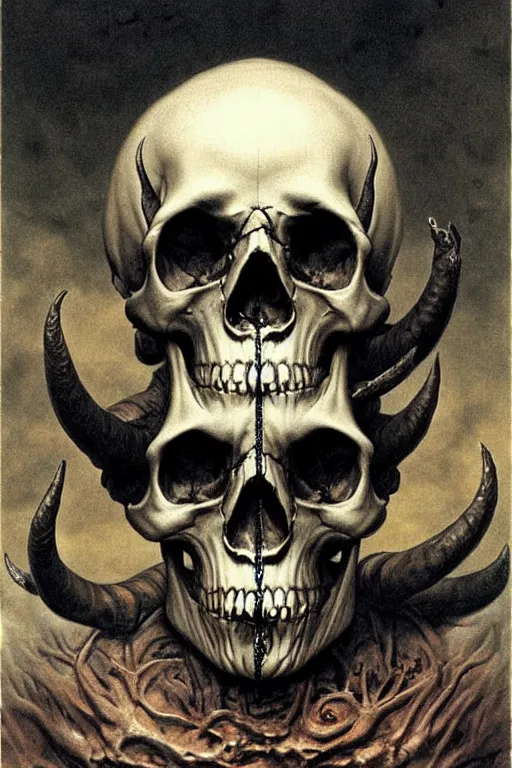 Prompt: human skull with horns and three eyes artists anatomy in the style of wayne barlowe, gustav moreau, goward, bussiere, roberto ferri, santiago caruso, luis ricardo falero, dali