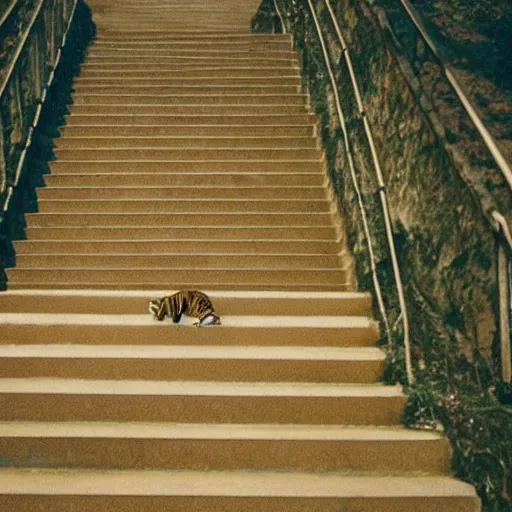 Image similar to a figure ties their shoelaces in a vast empty landscape on stairs next to a tiger catching a deer
