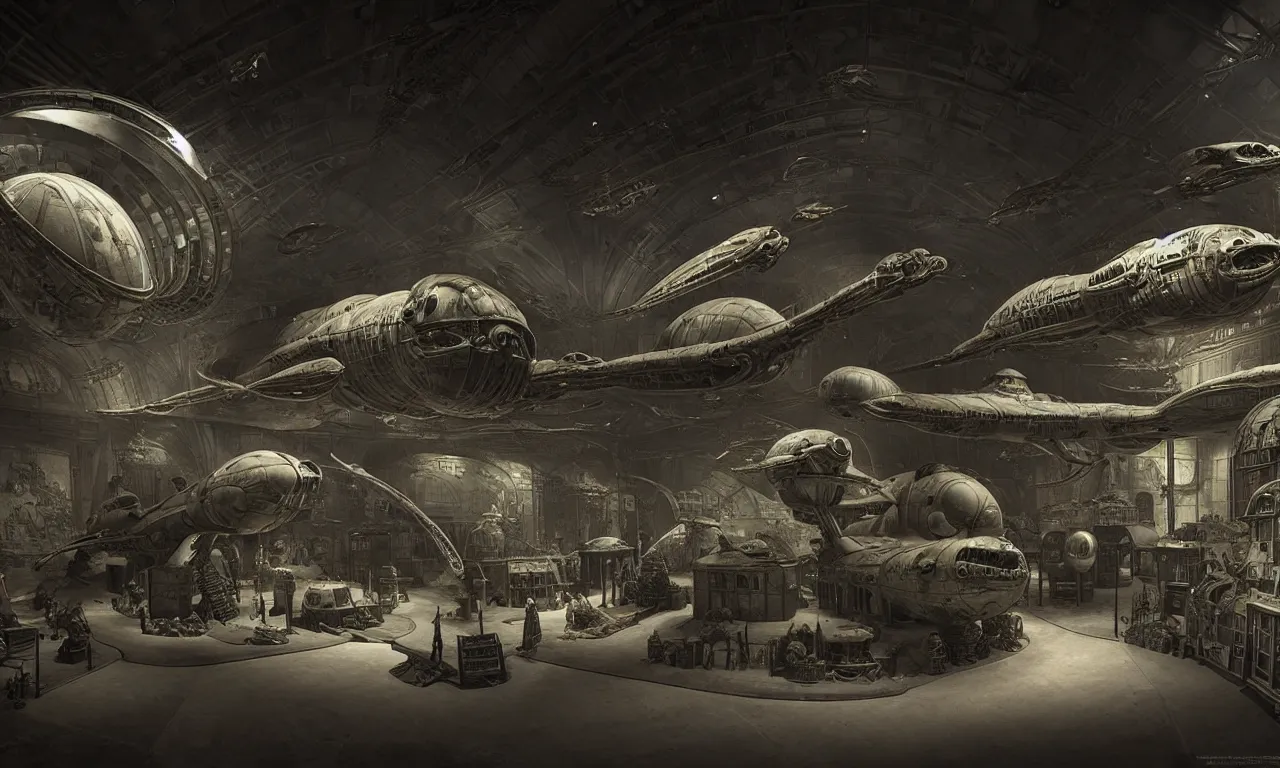 Prompt: dark exhibition hall of a dieselpunk museum full of glass showcases with incredibly detailed dioramas of aliens and spaceships, fused into epoxide, high detail, shading unreal engine 5, by leonardo da vinci, ambient occlusion