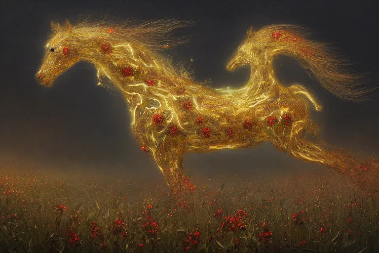 Image similar to a stunning digital painting of a horse made of instricately engraved gnarled wood with a mane of bioluminescent flowers running through a field of flowers by greg rutkowski, flowercore, volumetric light, digital art, fine detail, photorealistic