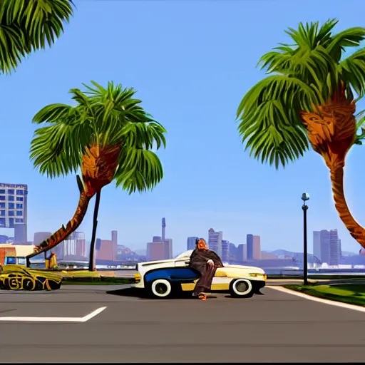 Prompt: John Candy in GTA V. Los Santos in the background, palm trees. In the art style of Stephen Bliss